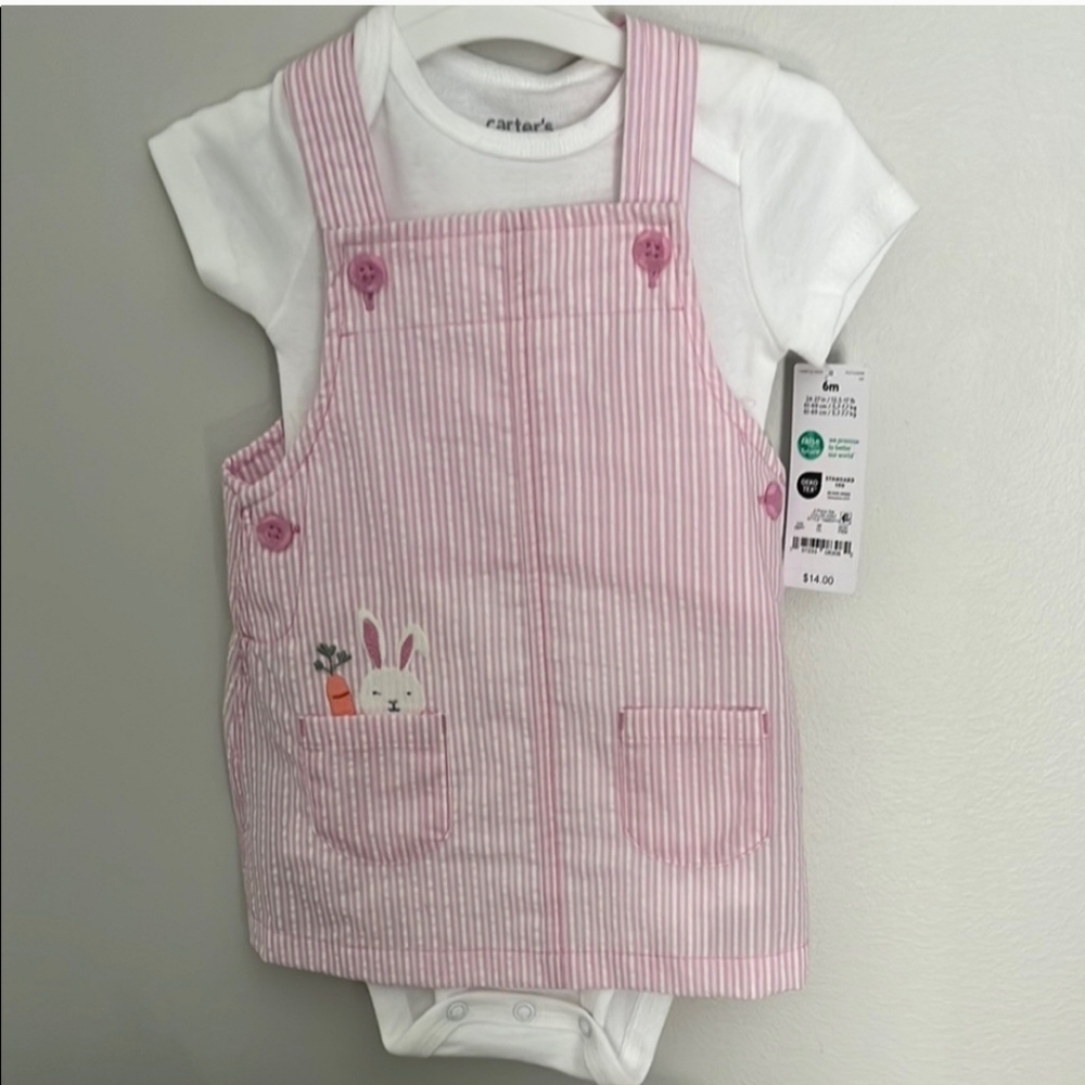 🐰🐇🐰Pink Striped Baby Dress with Bunny Design